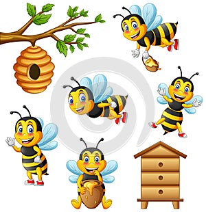 Cartoon cute bee and beehive