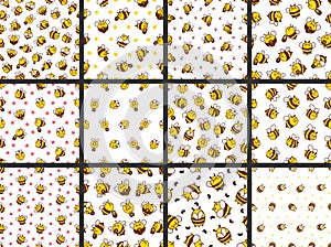 Cartoon cute bee character. Seamless pattern