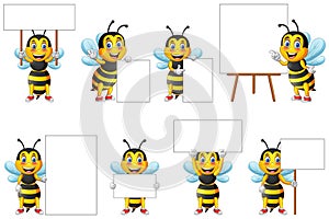 Cartoon cute bee character set and blackboard for writing