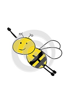 Cartoon cute bee flying up with arm raised. Bee brave