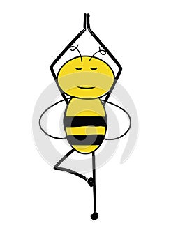 Cartoon cute bee standing on a foot and meditating. Peaceful bee in a yoga pose