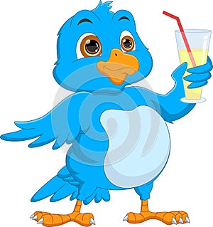 Cartoon cute blue bird holding drink in glass