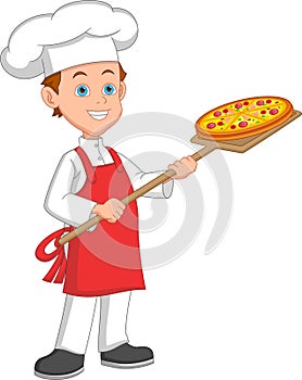 Cartoon cute boy chef with pizza