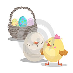 Cartoon cute boy chick looking on hatched egg and basket with painted eggs. Easter flat design icon symbols.