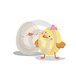 Cartoon cute boy chick looking on hatching egg. Easter and newborn symbol. Vector illustration.