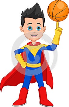 Cartoon cute boy in superhero costume with a basket ball