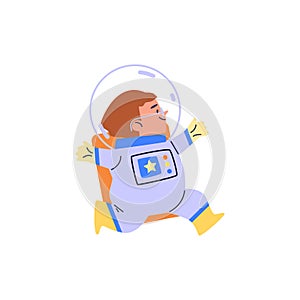 Cartoon cute boy wearing astronaut costume, vector funny flying cosmonaut kid isolated, childish spacesuit outfit helmet