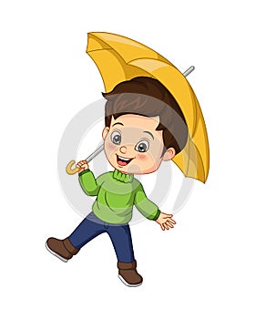 Cartoon cute boy with yellow umbrella