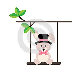 Cartoon cute bunny with hat and tie on a swing and on a branch