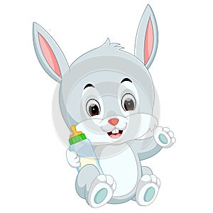 Cartoon cute bunny holding bottle milk with nipple