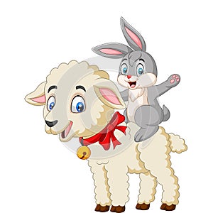 Cartoon cute bunny riding a lamb