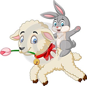 Cartoon cute bunny riding a lamb