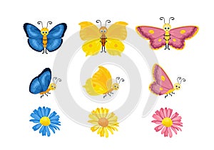 Cartoon cute butterfly set. Pink, yellow and blue butterflies and flowers.