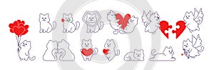 Cartoon cute cat and dog line style in different poses for valentine`s day