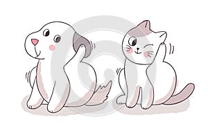 Cartoon cute cat and dog scratching vector.