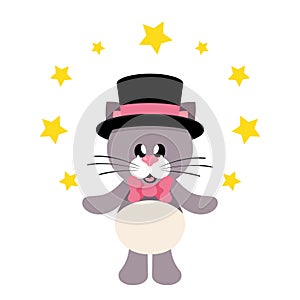 Cartoon cute cat with tie and hat and stars