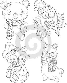Cartoon cute Christmas decorated teddy bear, owl, fox and lama sketch template set.