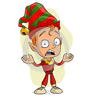 Cartoon cute christmas elf showing surprised sign