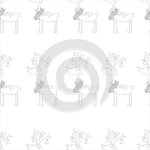 Cartoon cute Christmas New Year winter deer with decorations seamless pattern. Vector illustration in black and white.