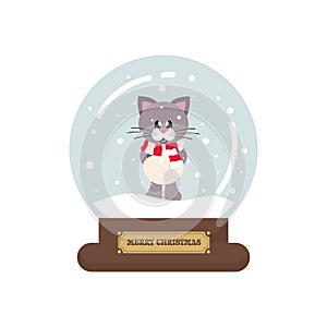 Cartoon cute christmas snowglobe with winter cat with scarf