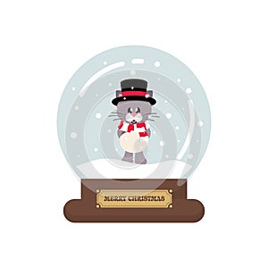 Cartoon cute christmas snowglobe with winter cat with scarf in hat