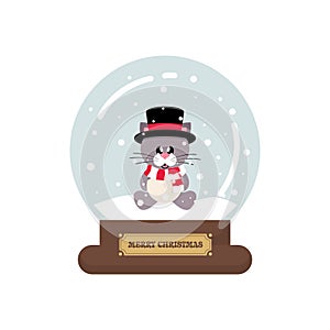 Cartoon cute christmas snowglobe with winter cat with scarf in hat sitting