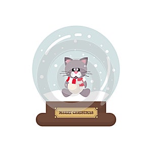 Cartoon cute christmas snowglobe with winter cat with scarf sitting