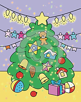 Cartoon cute Christmas tree and toys