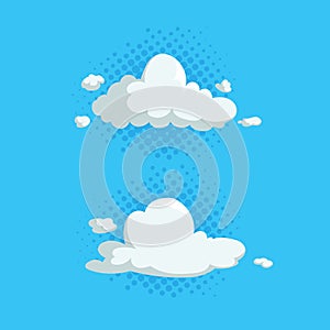 Cartoon cute cloud trendy design icons set on half tone blue circles. Vector illustration of weather or sky background.