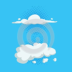 Cartoon cute cloud trendy design icons set on half tone blue circles. Vector illustration of weather or sky background.