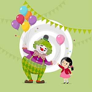 Cartoon of a cute clown giving a pink balloon to a girl