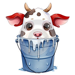 Cute Cartoon Cow In Bucket Clipart Illustration AI Generative photo