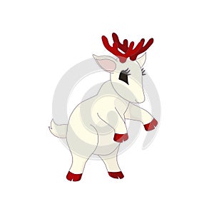 Cartoon cute deer with red hoofs and antlers rearing up on white isolated background, vector illustration for prints, logos and