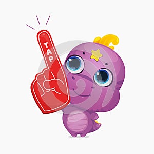 Cartoon cute dinosaur with cheerleader glove. Little sweet dino kid character shows tap tap. Creative layout for social media