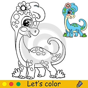 Cartoon cute dinosaur diplodocus girl coloring vector