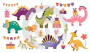 Cartoon cute dinosaurs set for birthday party