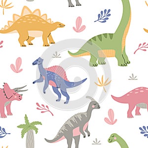 Cartoon cute dinosaurs among tropical plant. Seamless pattern for child