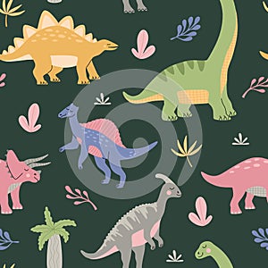 Cartoon cute dinosaurs among tropical plant. Seamless pattern for child