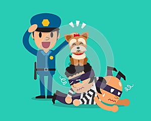 Cartoon a cute dog helping policeman to catch thieves photo