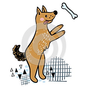 Cartoon cute doggy with bone in doodle style is jumping. Happy puppy.
