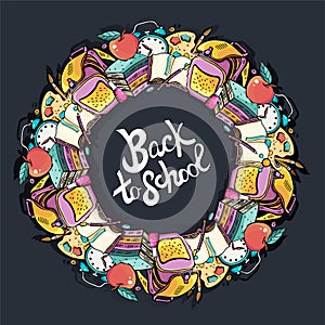 Cartoon cute Doodle back to school phrase. Colorful illustration in vector. Hand-drawn. Wreath of different school subjects