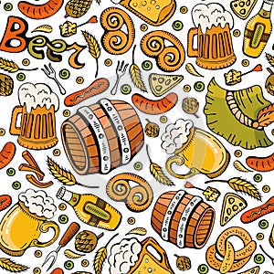 Cartoon cute Doodle hand drawn Oktoberfest seamless pattern. Beer icons. Colorful detail, with lots of background objects. Endless