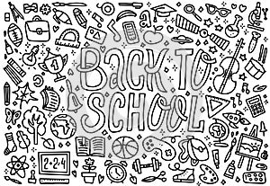 Cartoon cute doodles Back to School word. Colorful horizontal illustration. Background with lots of separate objects. Funny vector