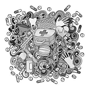 Cartoon cute doodles hand drawn Medicine illustration. Sketch detailed