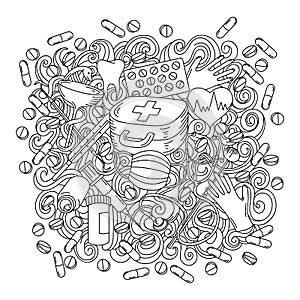 Cartoon cute doodles hand drawn Medicine illustration. Sketch detailed