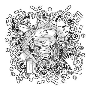 Cartoon cute doodles hand drawn Medicine illustration. Sketch detailed,
