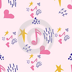 Cartoon cute doodles hand drawn Musical seamless pattern. Colorful detailed, with lots of objects background.