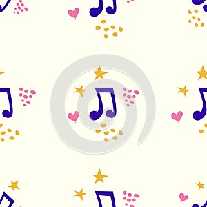 Cartoon cute doodles hand drawn Musical seamless pattern. Colorful detailed, with lots of objects background.