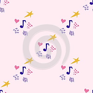 Cartoon cute doodles hand drawn Musical seamless pattern. Colorful detailed, with lots of objects background.