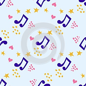 Cartoon cute doodles hand drawn Musical seamless pattern. Colorful detailed, with lots of objects background.